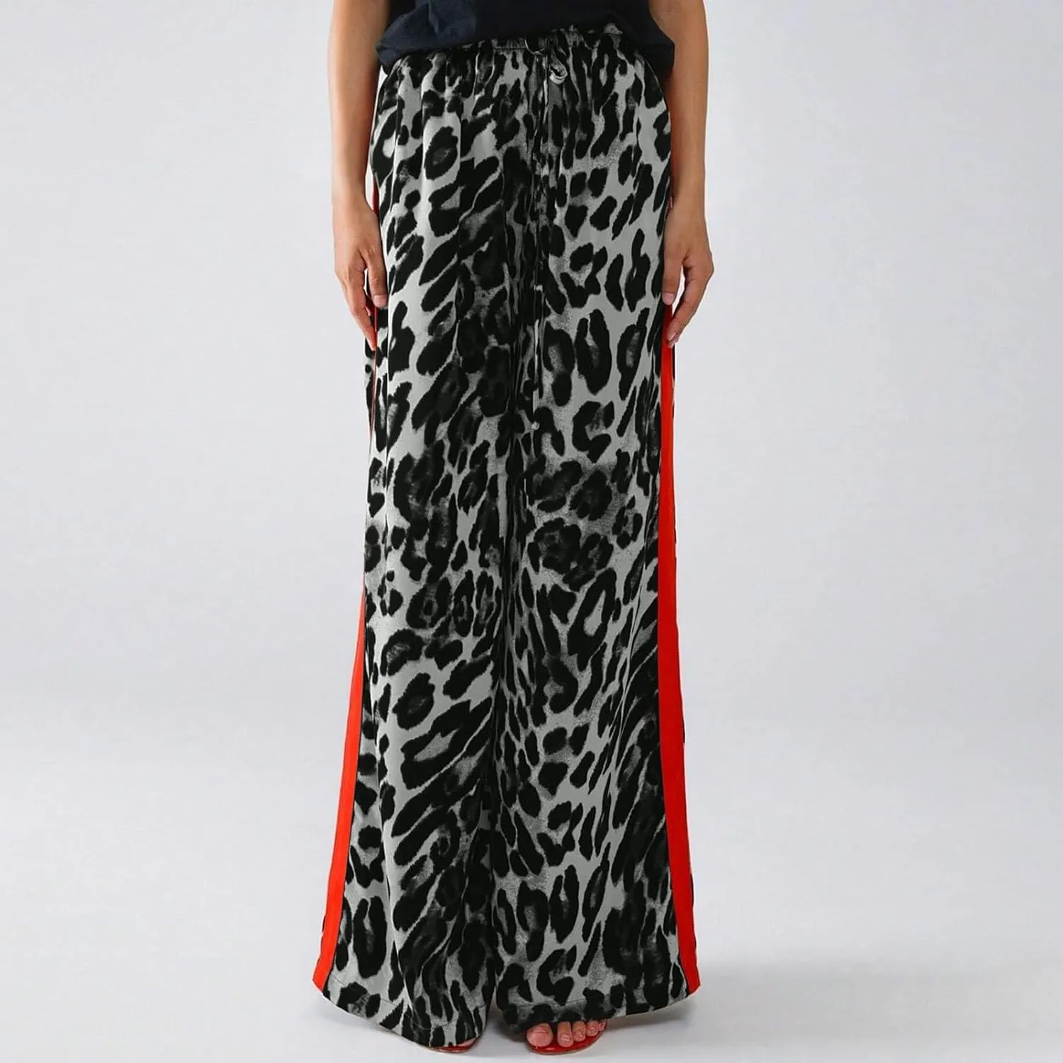 Leopard Pants Women Wide Leg Casual Drawstring Leopard Print Color Block Side Striped Straight Leg Loose Trousers