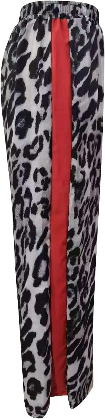 Leopard Pants Women Wide Leg Casual Drawstring Leopard Print Color Block Side Striped Straight Leg Loose Trousers