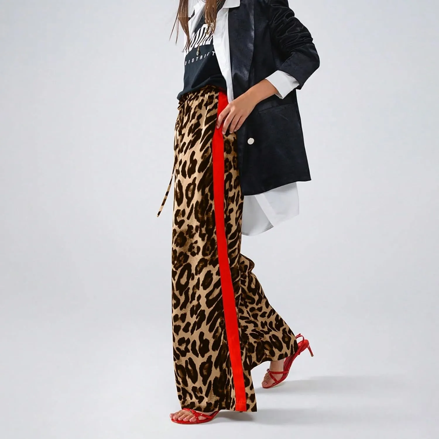 Leopard Pants Women Wide Leg Casual Drawstring Leopard Print Color Block Side Striped Straight Leg Loose Trousers
