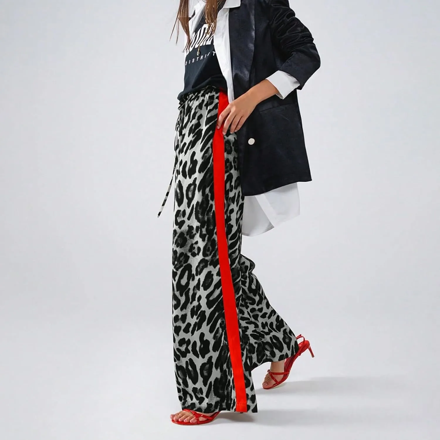Leopard Pants Women Wide Leg Casual Drawstring Leopard Print Color Block Side Striped Straight Leg Loose Trousers
