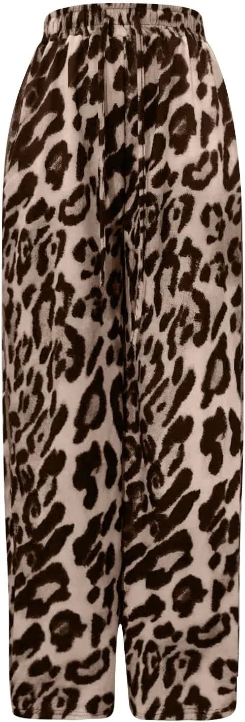 Leopard Pants Women Wide Leg Casual Drawstring Leopard Print Color Block Side Striped Straight Leg Loose Trousers
