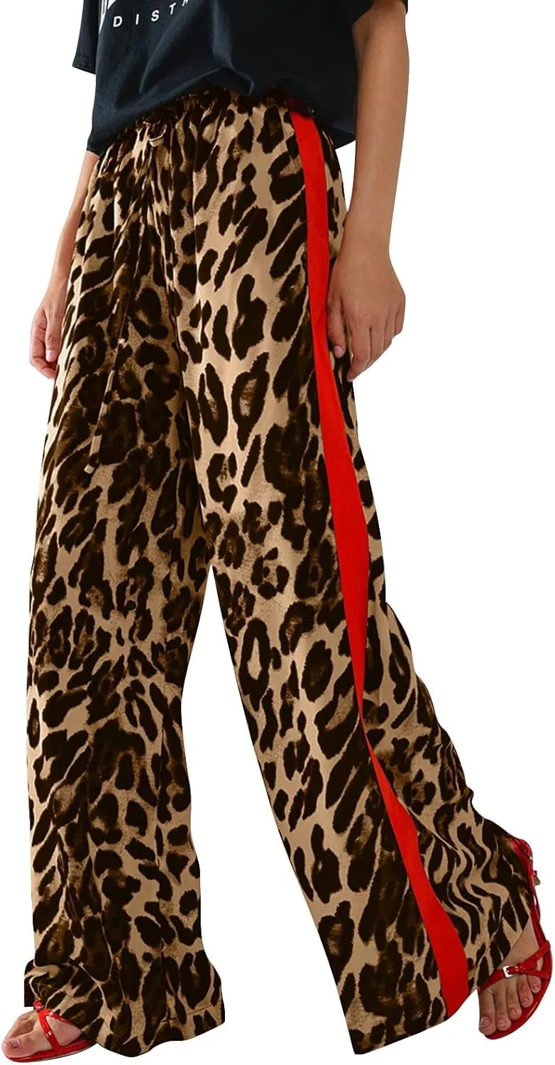 Leopard Pants Women Wide Leg Casual Drawstring Leopard Print Color Block Side Striped Straight Leg Loose Trousers