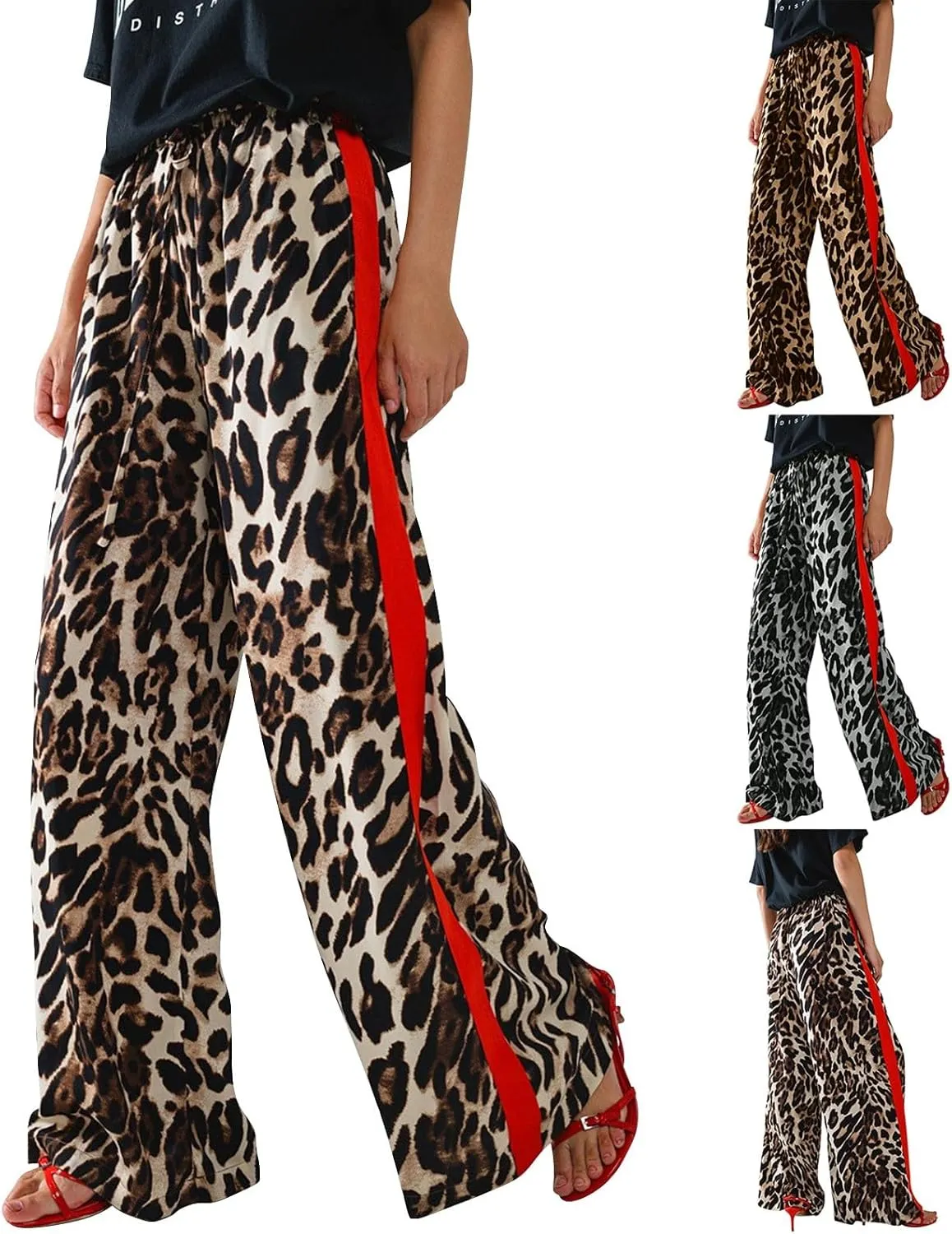 Leopard Pants Women Wide Leg Casual Drawstring Leopard Print Color Block Side Striped Straight Leg Loose Trousers