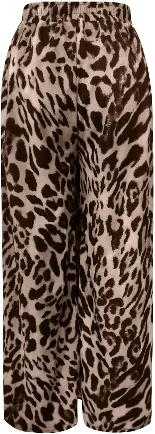 Leopard Pants Women Wide Leg Casual Drawstring Leopard Print Color Block Side Striped Straight Leg Loose Trousers