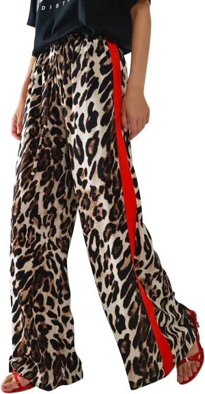 Leopard Pants Women Wide Leg Casual Drawstring Leopard Print Color Block Side Striped Straight Leg Loose Trousers