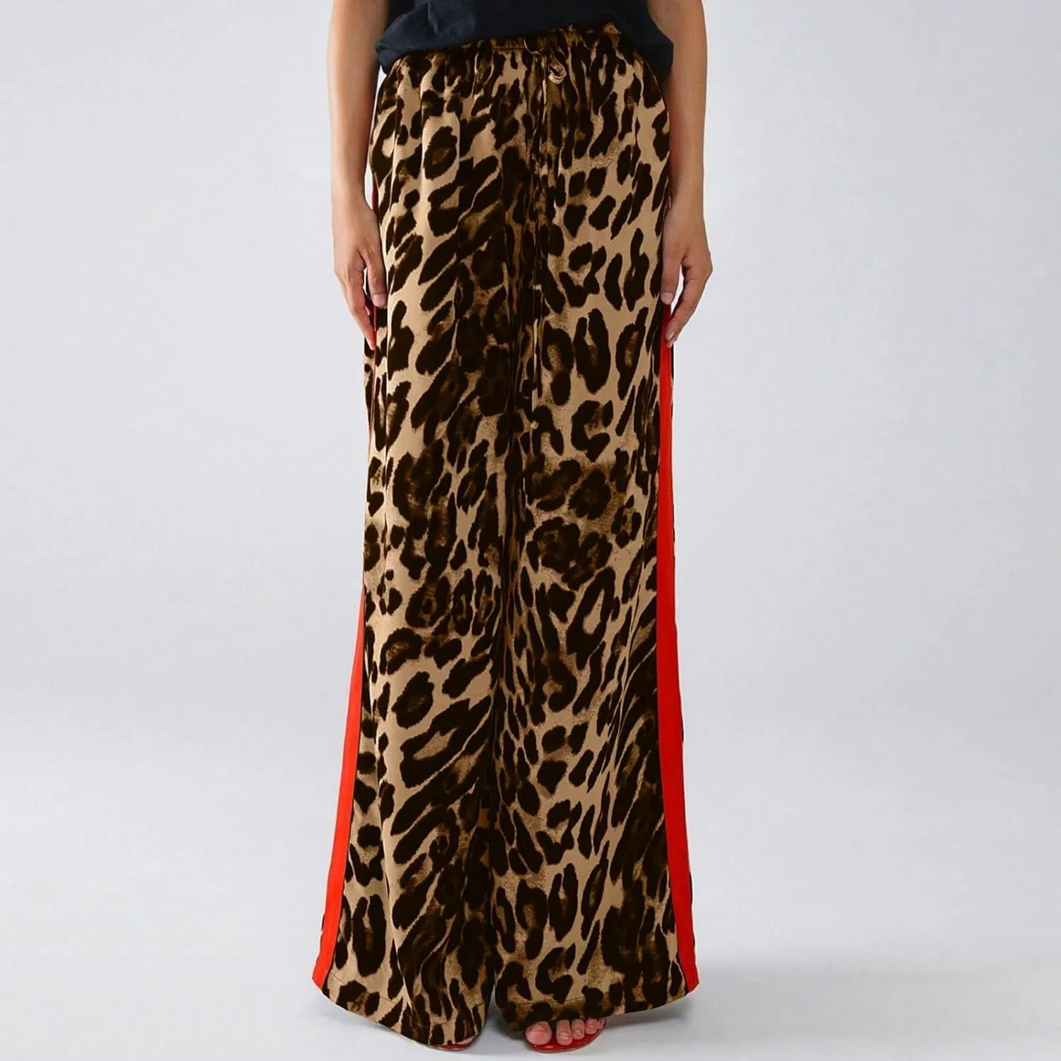 Leopard Pants Women Wide Leg Casual Drawstring Leopard Print Color Block Side Striped Straight Leg Loose Trousers