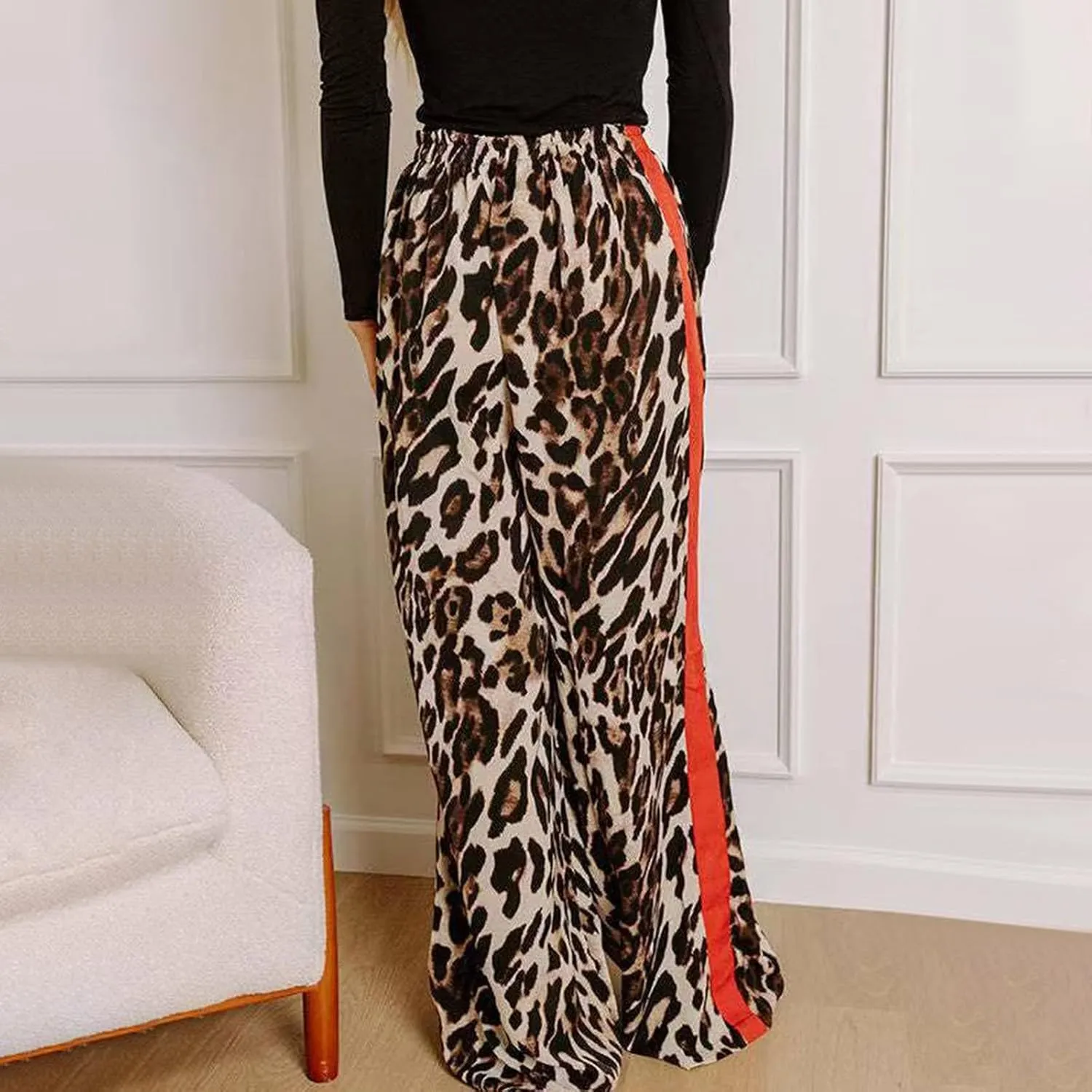 Leopard Pants Women Wide Leg Casual Drawstring Leopard Print Color Block Side Striped Straight Leg Loose Trousers
