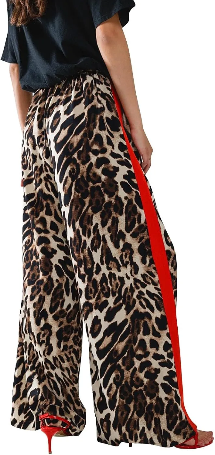 Leopard Pants Women Wide Leg Casual Drawstring Leopard Print Color Block Side Striped Straight Leg Loose Trousers