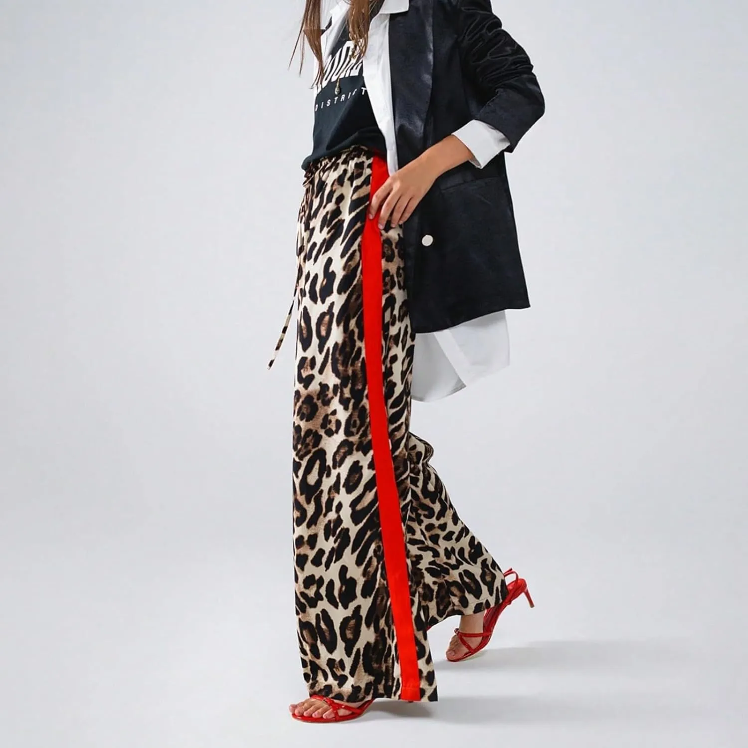 Leopard Pants Women Wide Leg Casual Drawstring Leopard Print Color Block Side Striped Straight Leg Loose Trousers