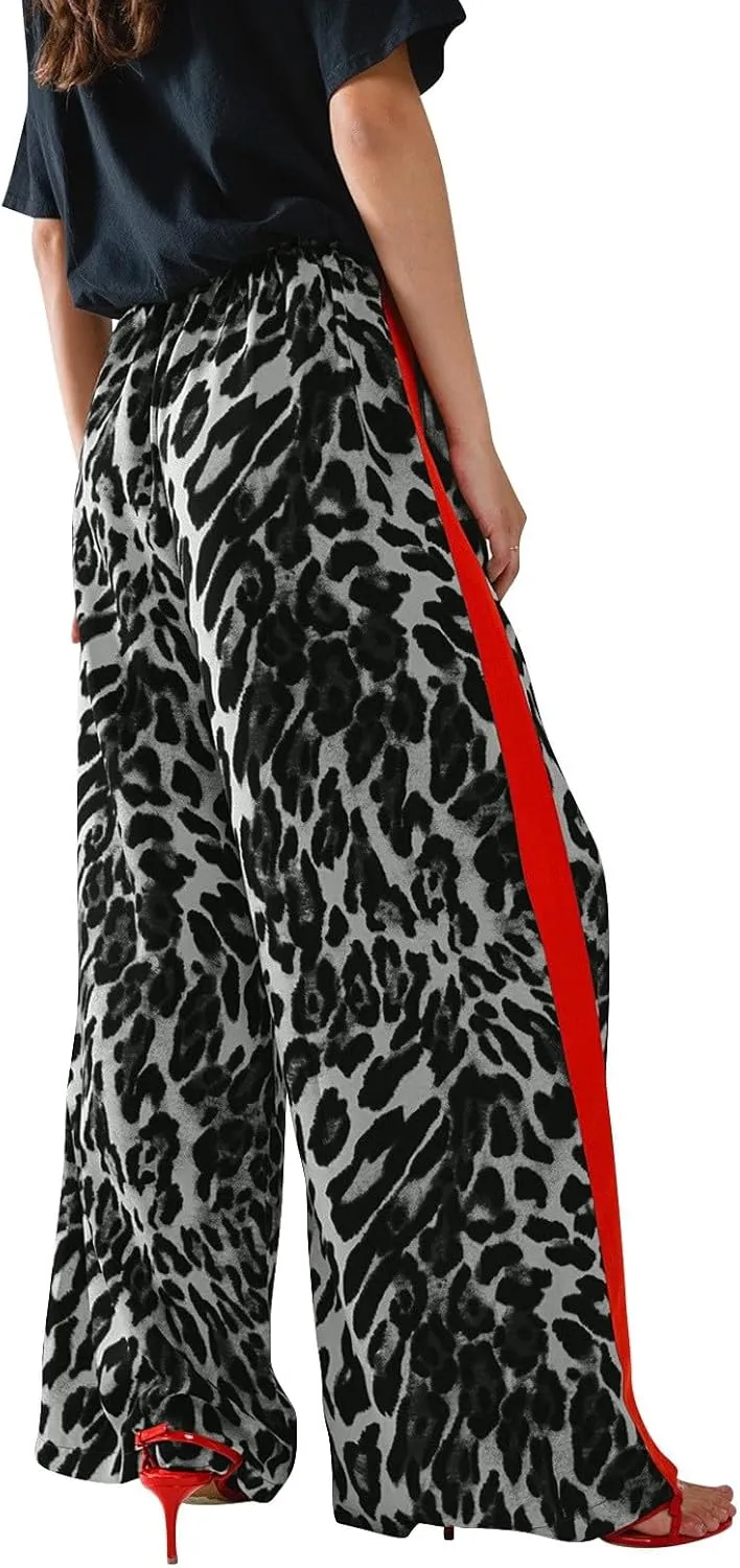 Leopard Pants Women Wide Leg Casual Drawstring Leopard Print Color Block Side Striped Straight Leg Loose Trousers