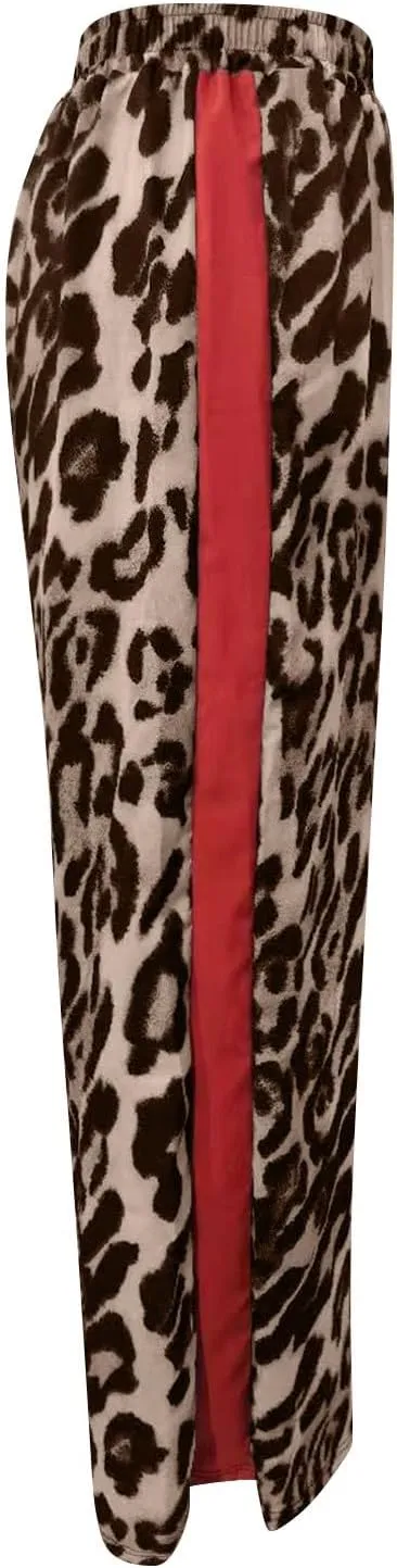 Leopard Pants Women Wide Leg Casual Drawstring Leopard Print Color Block Side Striped Straight Leg Loose Trousers