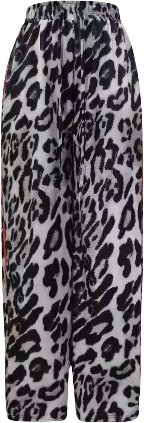 Leopard Pants Women Wide Leg Casual Drawstring Leopard Print Color Block Side Striped Straight Leg Loose Trousers