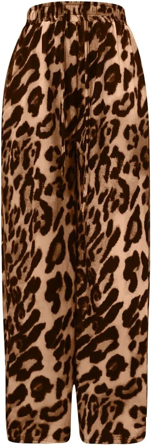 Leopard Pants Women Wide Leg Casual Drawstring Leopard Print Color Block Side Striped Straight Leg Loose Trousers