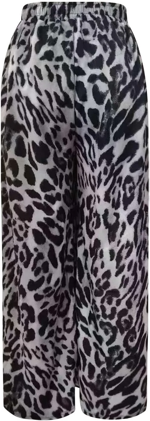Leopard Pants Women Wide Leg Casual Drawstring Leopard Print Color Block Side Striped Straight Leg Loose Trousers
