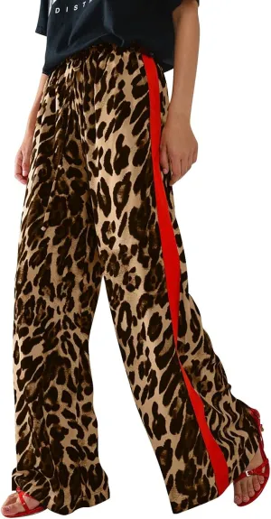 Leopard Pants Women Wide Leg Casual Drawstring Leopard Print Color Block Side Striped Straight Leg Loose Trousers