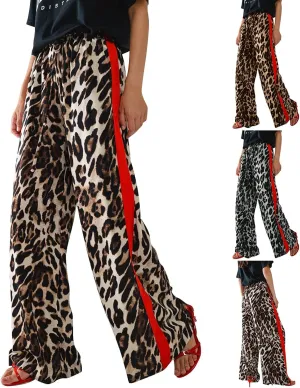 Leopard Pants Women Wide Leg Casual Drawstring Leopard Print Color Block Side Striped Straight Leg Loose Trousers