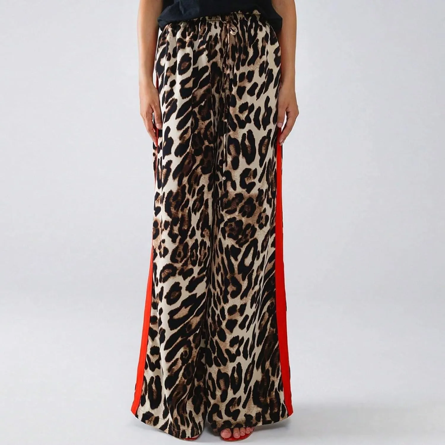 Leopard Pants Women Wide Leg Casual Drawstring Leopard Print Color Block Side Striped Straight Leg Loose Trousers