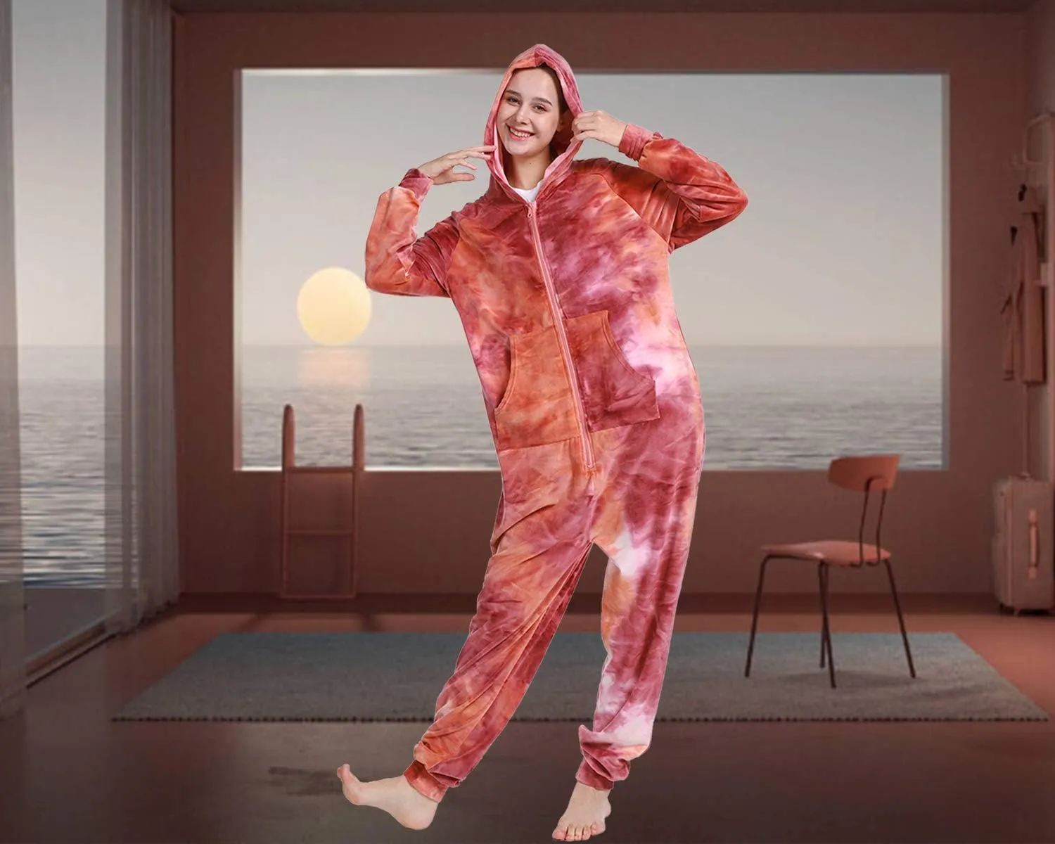 Lifeye Adult Jumpsuit Pajamas Hoodie Homewear Romper Sleepwear Tie Dye Costume for Women Men