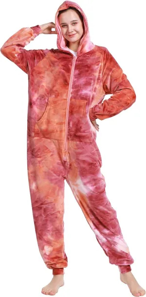 Lifeye Adult Jumpsuit Pajamas Hoodie Homewear Romper Sleepwear Tie Dye Costume for Women Men