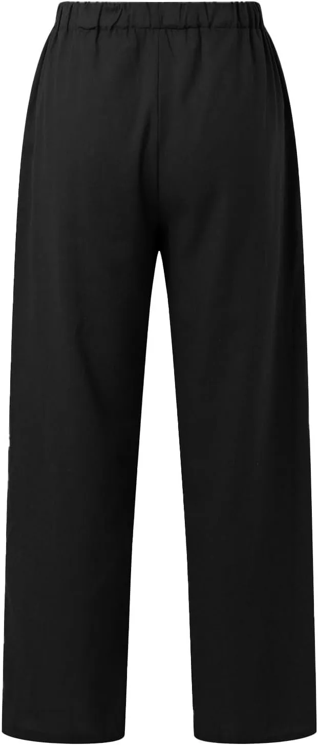 Linen Pants for Women 2025 Summer Wide Leg Pants with Pocket Boho Beach High Waist Drawstring Flowy Palazzo Trousers