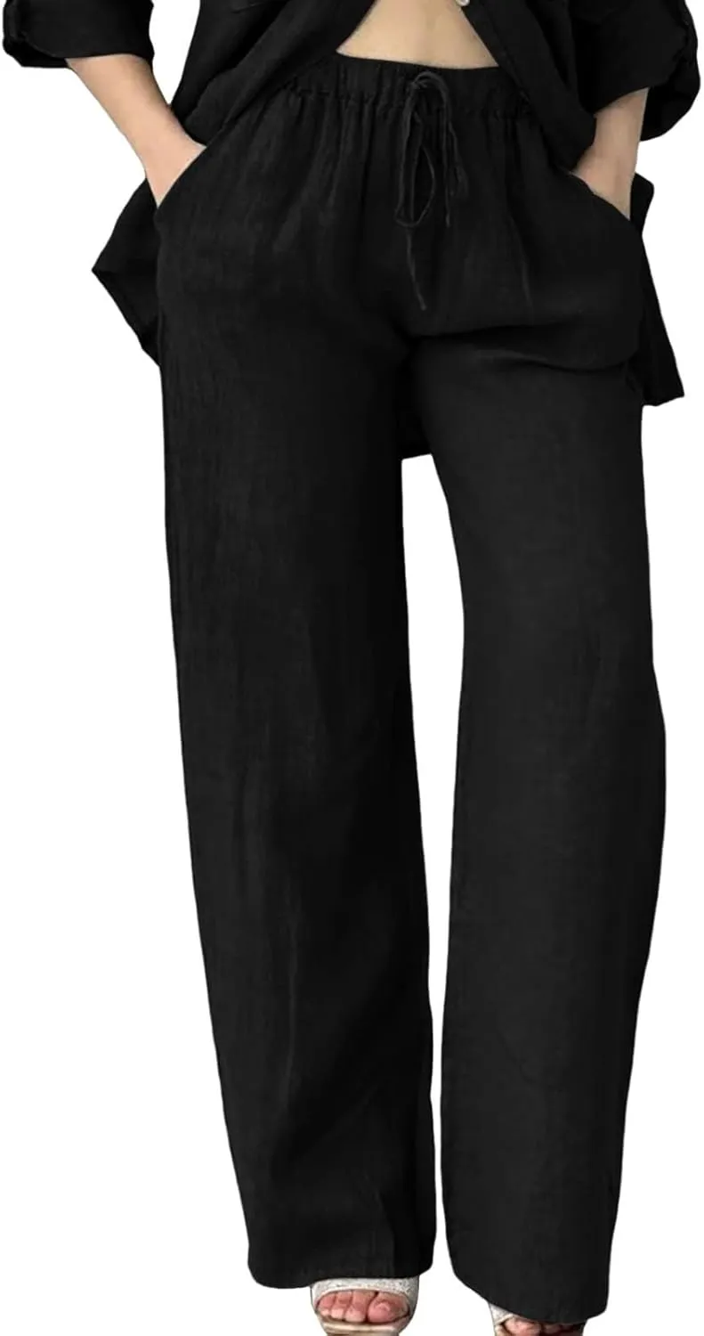 Linen Pants for Women 2025 Summer Wide Leg Pants with Pocket Boho Beach High Waist Drawstring Flowy Palazzo Trousers