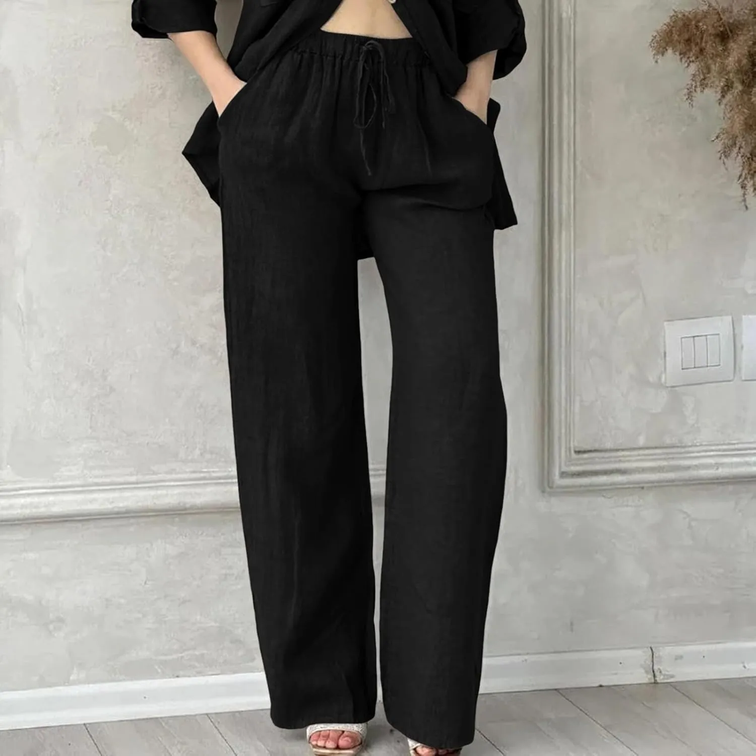 Linen Pants for Women 2025 Summer Wide Leg Pants with Pocket Boho Beach High Waist Drawstring Flowy Palazzo Trousers