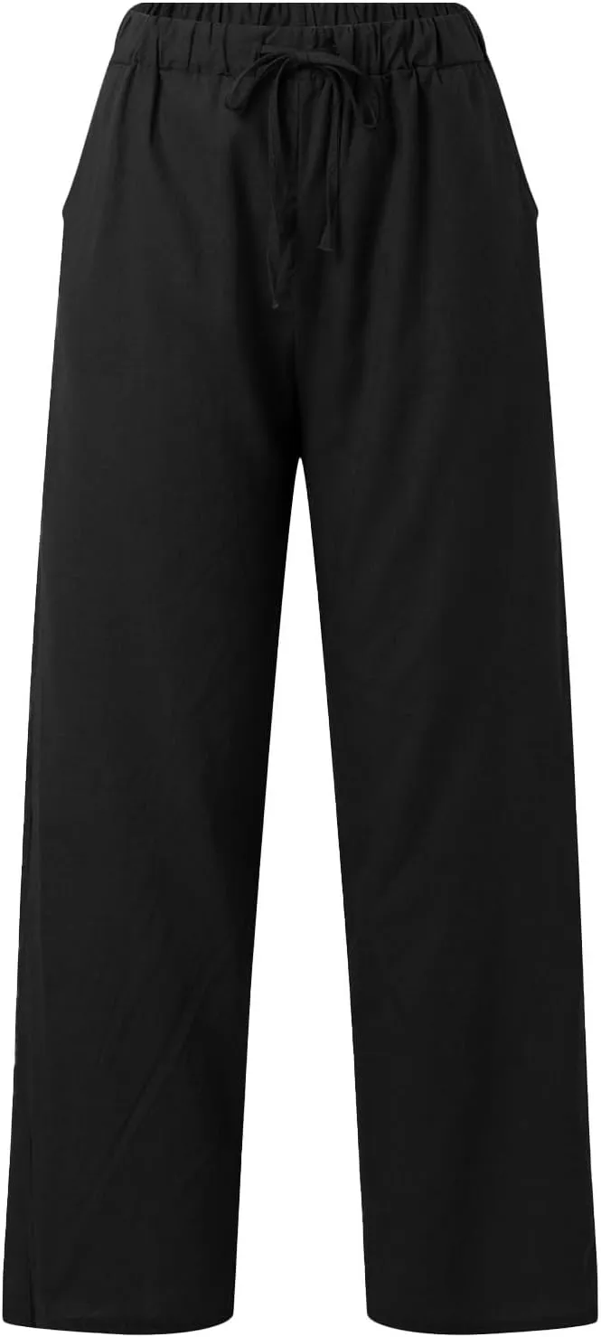 Linen Pants for Women 2025 Summer Wide Leg Pants with Pocket Boho Beach High Waist Drawstring Flowy Palazzo Trousers