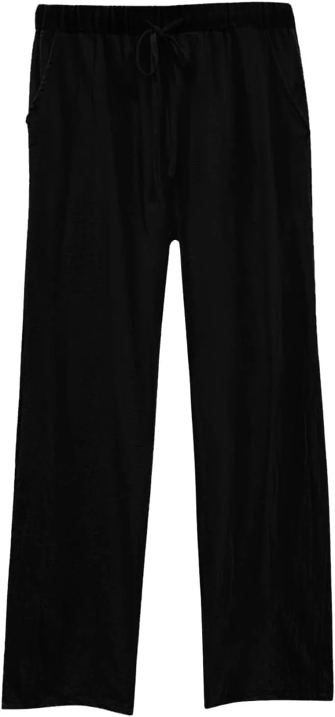 Linen Pants for Women 2025 Summer Wide Leg Pants with Pocket Boho Beach High Waist Drawstring Flowy Palazzo Trousers