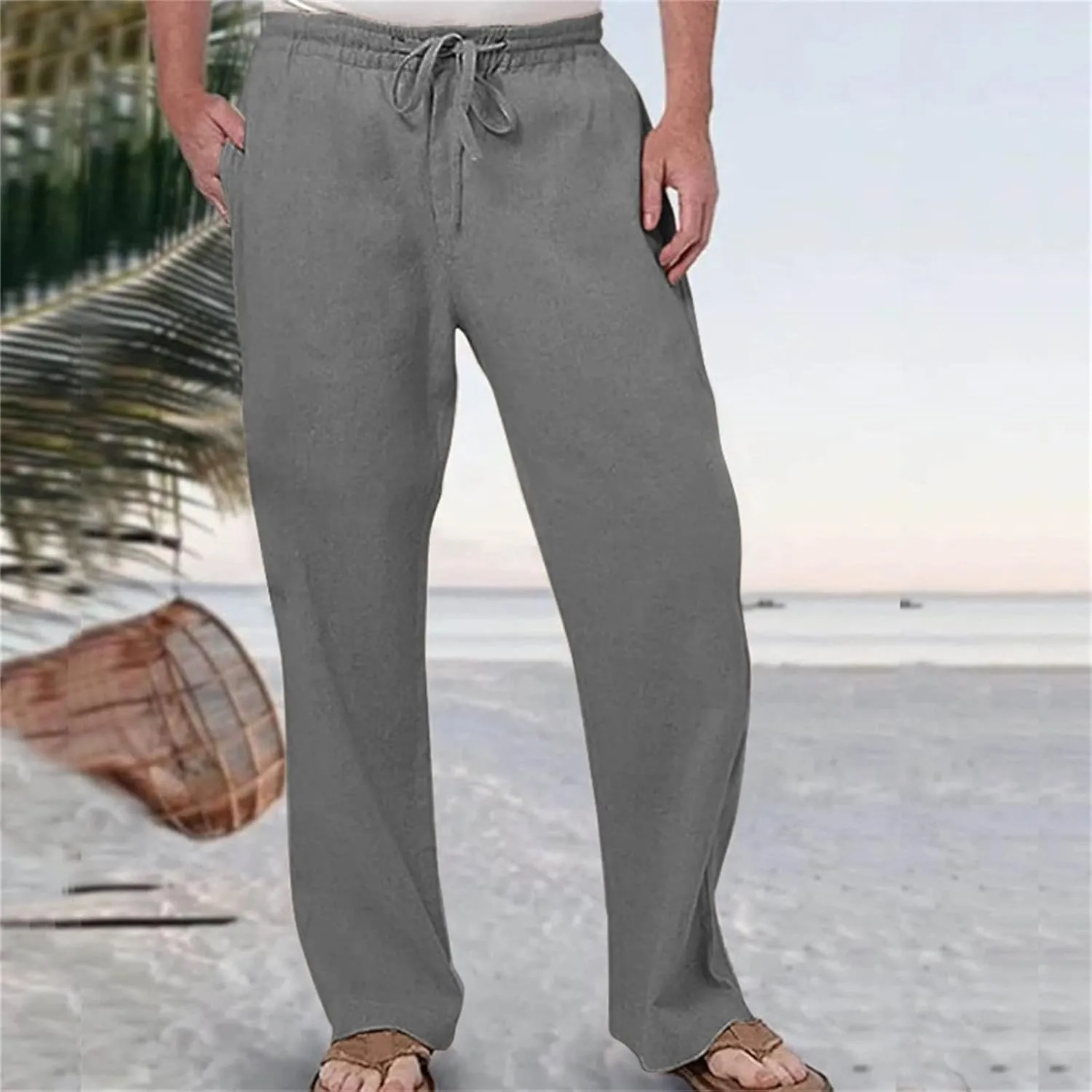 Linen Pants Men Slim Fit Casual Loose Fit Stretch Slacks Big Tall Flat Front Flex Golf Straight Long Pants