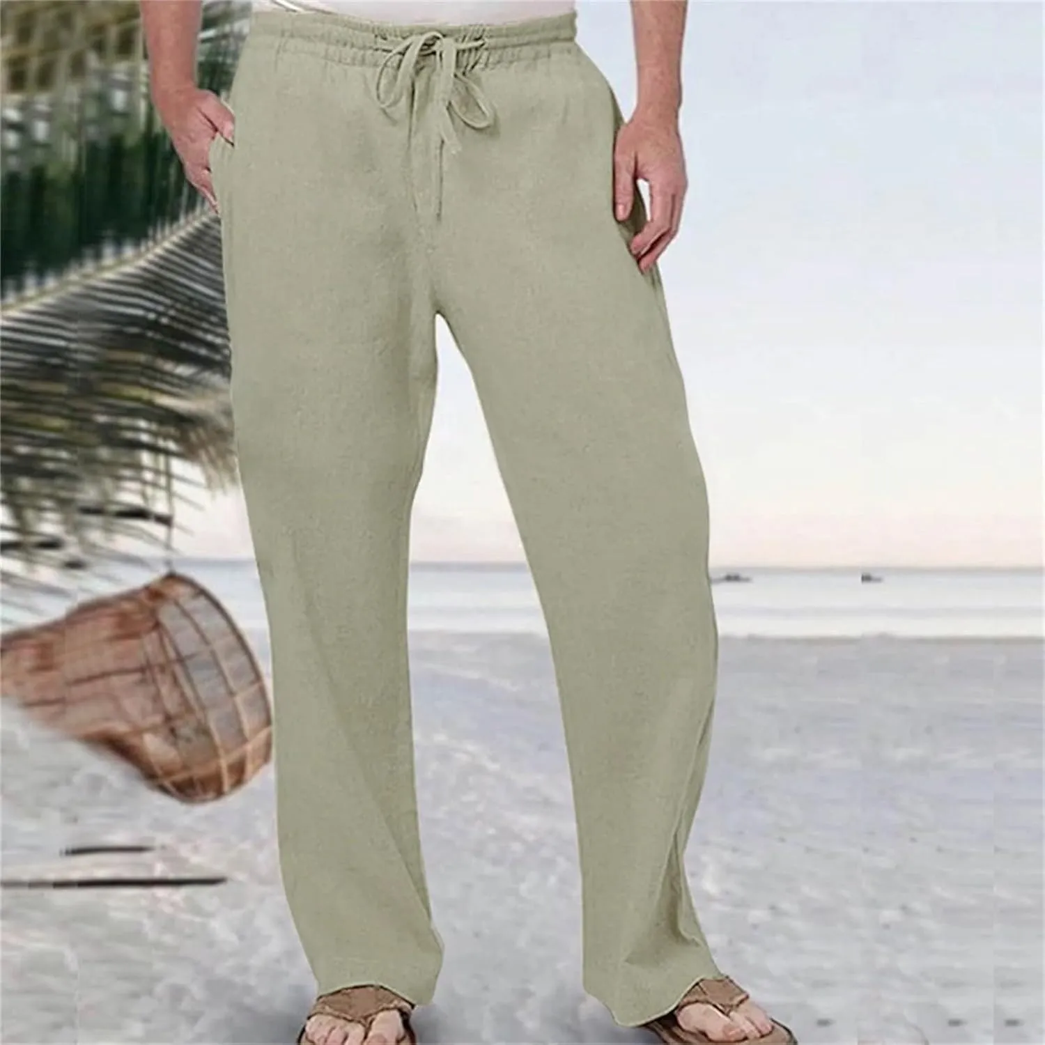Linen Pants Men Slim Fit Casual Loose Fit Stretch Slacks Big Tall Flat Front Flex Golf Straight Long Pants