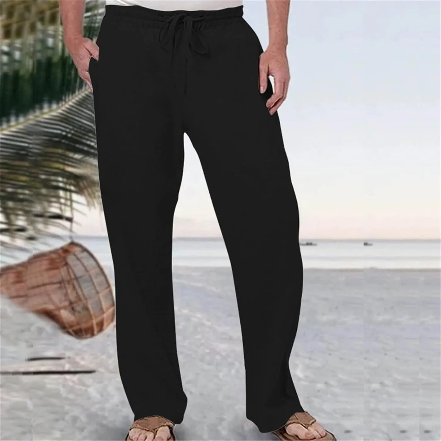 Linen Pants Men Slim Fit Casual Loose Fit Stretch Slacks Big Tall Flat Front Flex Golf Straight Long Pants