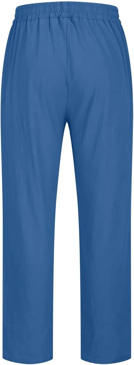 Linen Pants Mens Casual Pants Relaxed-Fit Beach Trousers Summer Yoga Pants Soft Elastic Waist Pants