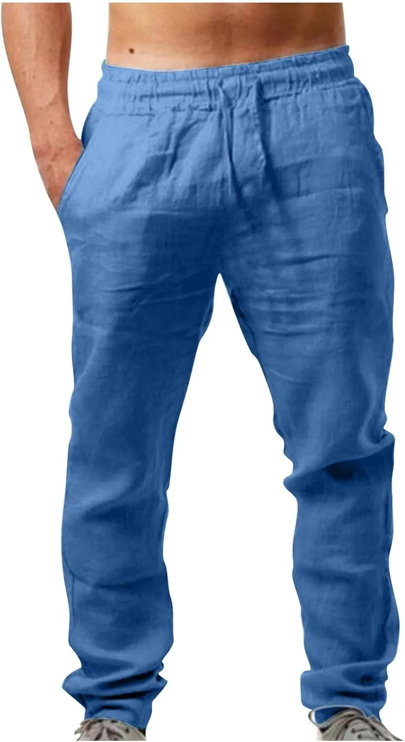 Linen Pants Mens Casual Pants Relaxed-Fit Beach Trousers Summer Yoga Pants Soft Elastic Waist Pants