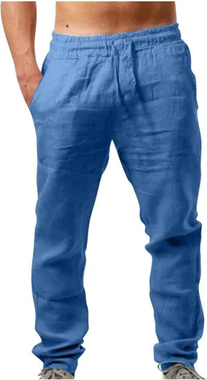 Linen Pants Mens Casual Pants Relaxed-Fit Beach Trousers Summer Yoga Pants Soft Elastic Waist Pants