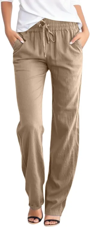 Linen Pants Women Casual High Waist Linen Pants Drawstring Loose Fit Summer Pants Trousers with Side Pockets