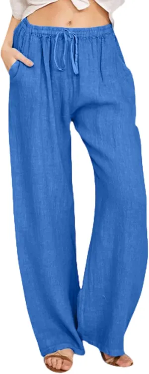 Linen Pants Women High Waist Wide Leg Pants Summer Cotton Linen Pants Casual Beach Trousers with Pockets