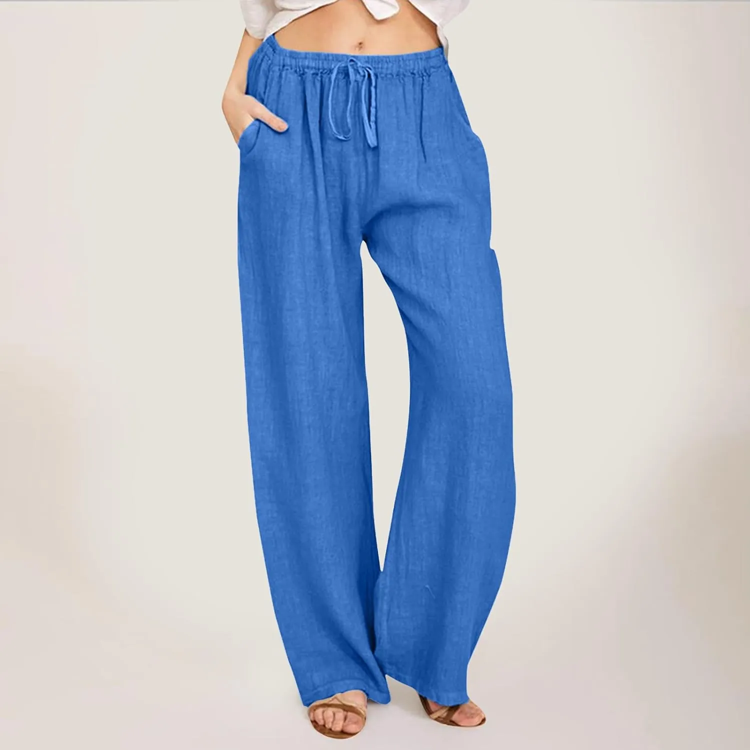 Linen Pants Women High Waist Wide Leg Pants Summer Cotton Linen Pants Casual Beach Trousers with Pockets