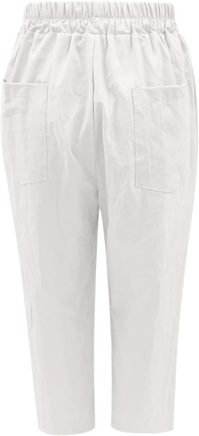 Linen Pants Women Petite Lightweight Elastic Waist Petite Capri Pant with Pockets Summer Trousers Beachwear