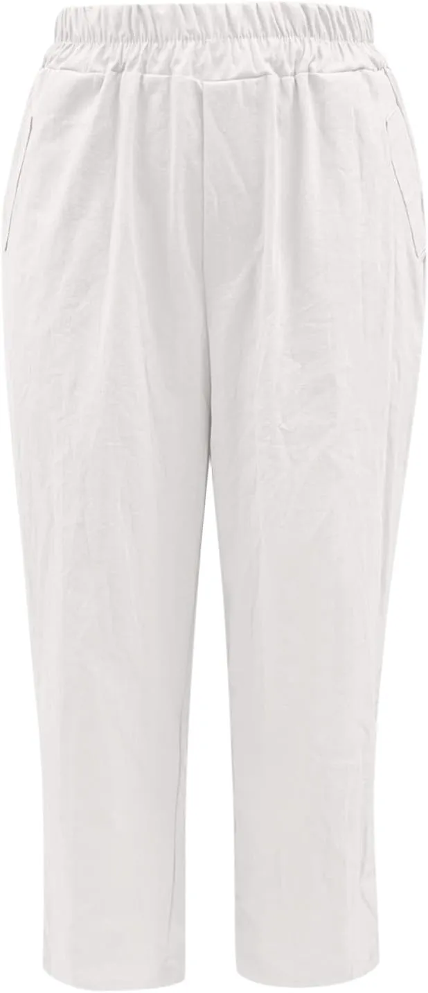 Linen Pants Women Petite Lightweight Elastic Waist Petite Capri Pant with Pockets Summer Trousers Beachwear