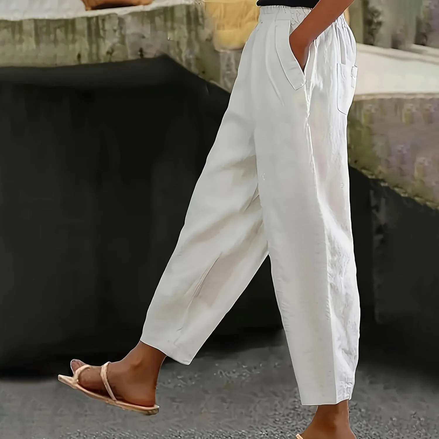 Linen Pants Women Petite Lightweight Elastic Waist Petite Capri Pant with Pockets Summer Trousers Beachwear