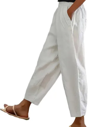 Linen Pants Women Petite Lightweight Elastic Waist Petite Capri Pant with Pockets Summer Trousers Beachwear
