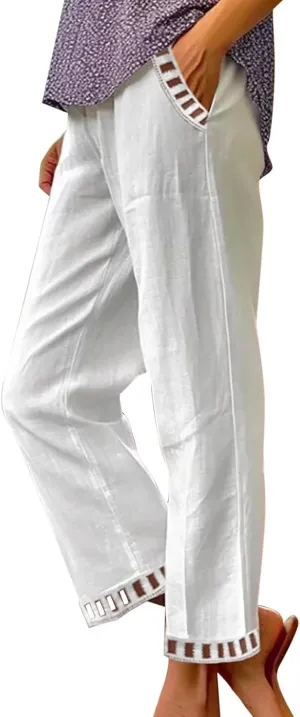Linen Pants Women Petite with Pockets High Waist Elastic Straight Leg Lounge Pant 2025 Loose Beach Trousers