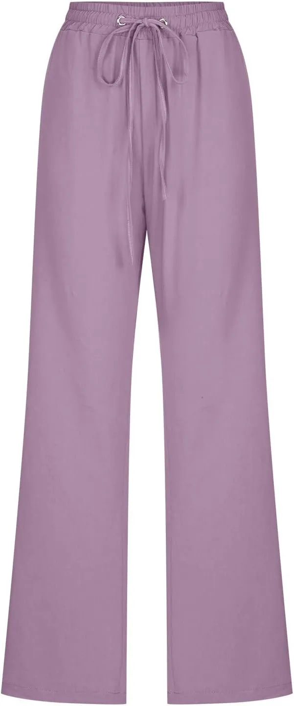Linen Pants Women Straight Leg Lounge Pants Elastic Waist Drawstring Pants Lightweight Trousers Summer Loose Pants