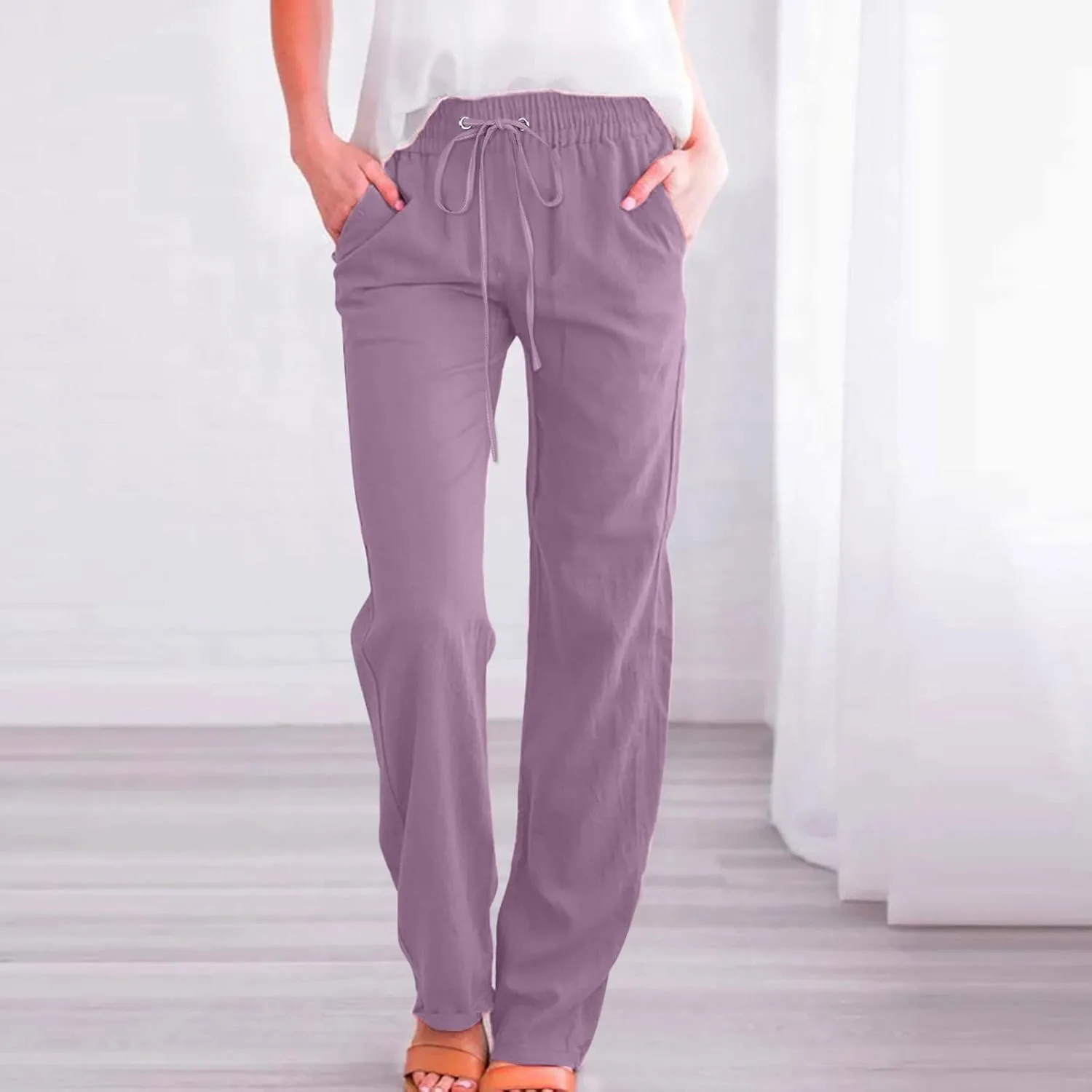 Linen Pants Women Straight Leg Lounge Pants Elastic Waist Drawstring Pants Lightweight Trousers Summer Loose Pants