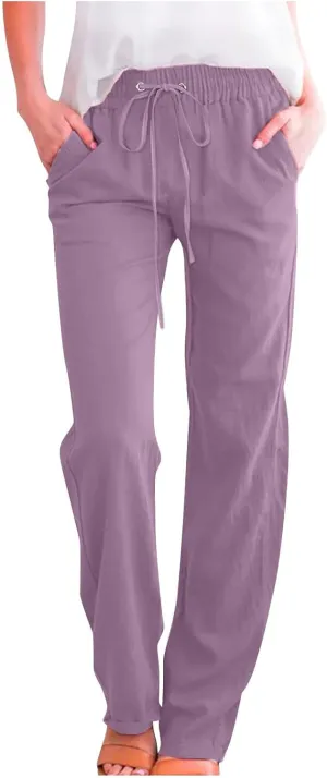 Linen Pants Women Straight Leg Lounge Pants Elastic Waist Drawstring Pants Lightweight Trousers Summer Loose Pants