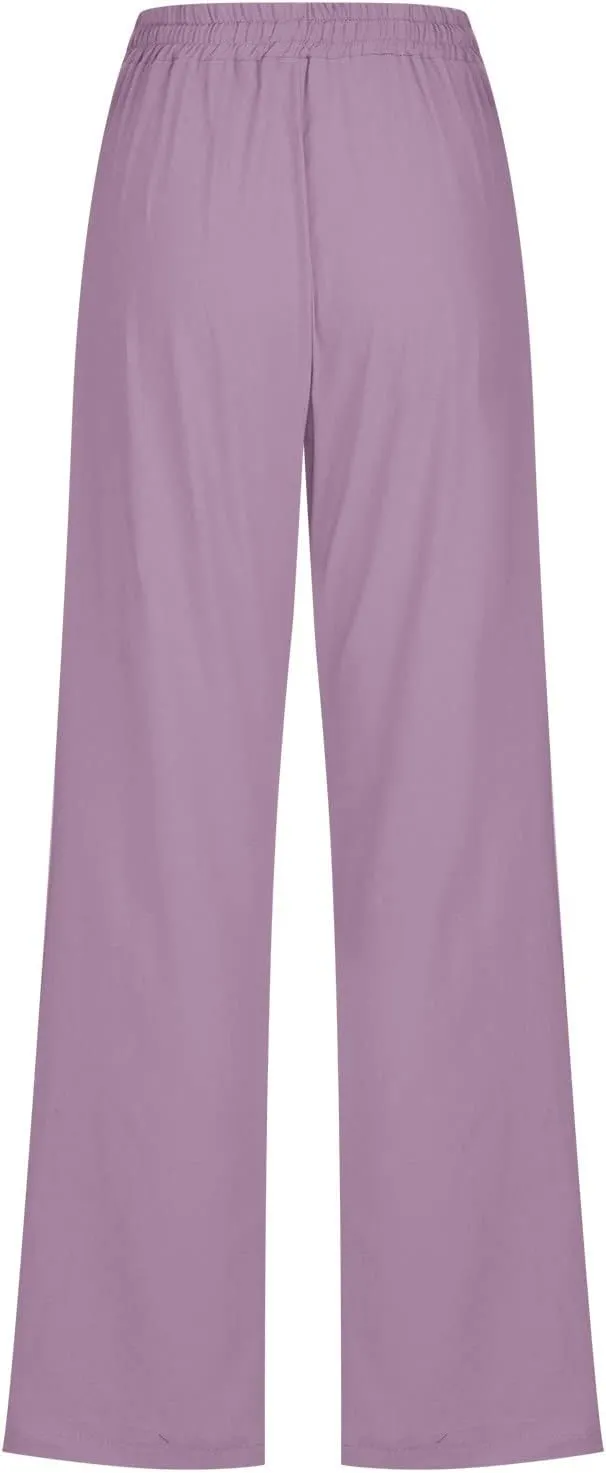 Linen Pants Women Straight Leg Lounge Pants Elastic Waist Drawstring Pants Lightweight Trousers Summer Loose Pants