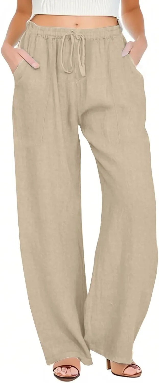 Linen Pants Women Summer High Waisted Pants Wide Leg Lounge Pants Beach Trouser Pants with Pockets