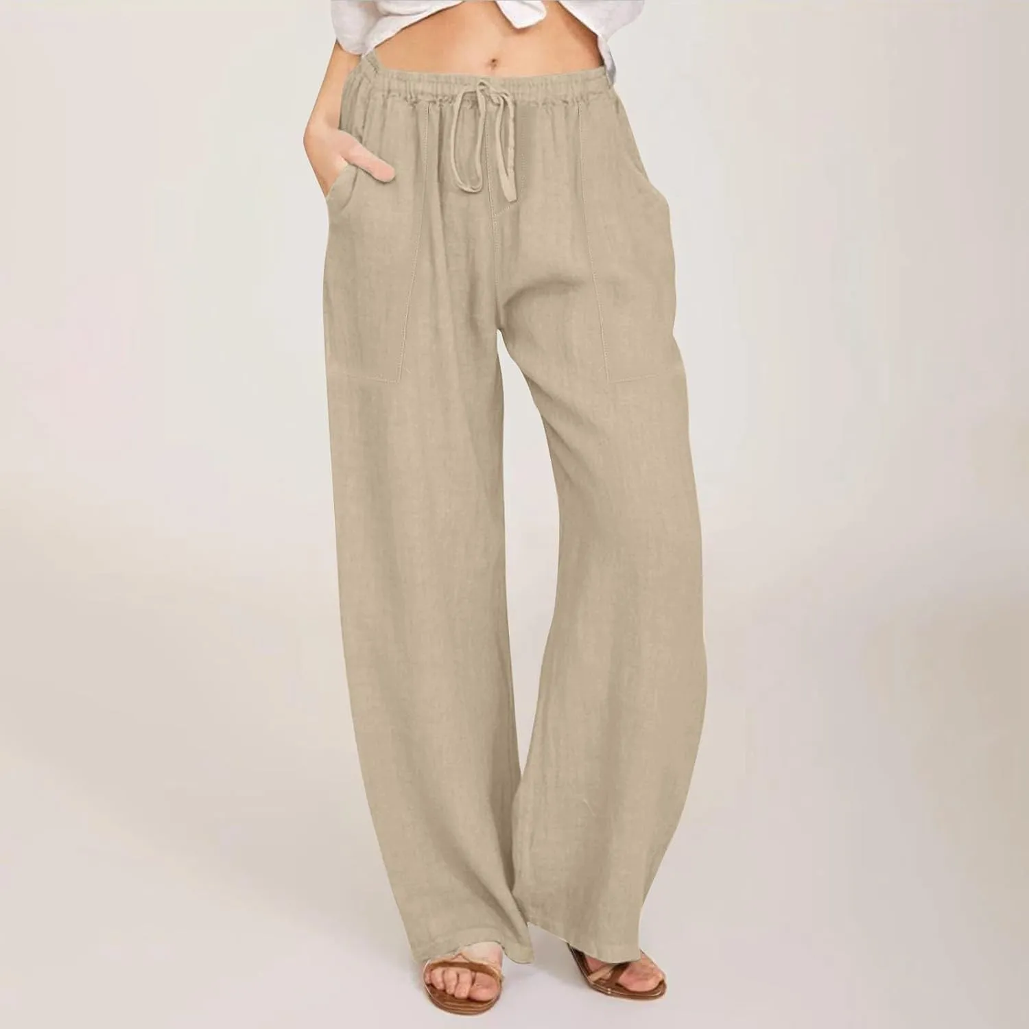 Linen Pants Women Summer High Waisted Pants Wide Leg Lounge Pants Beach Trouser Pants with Pockets