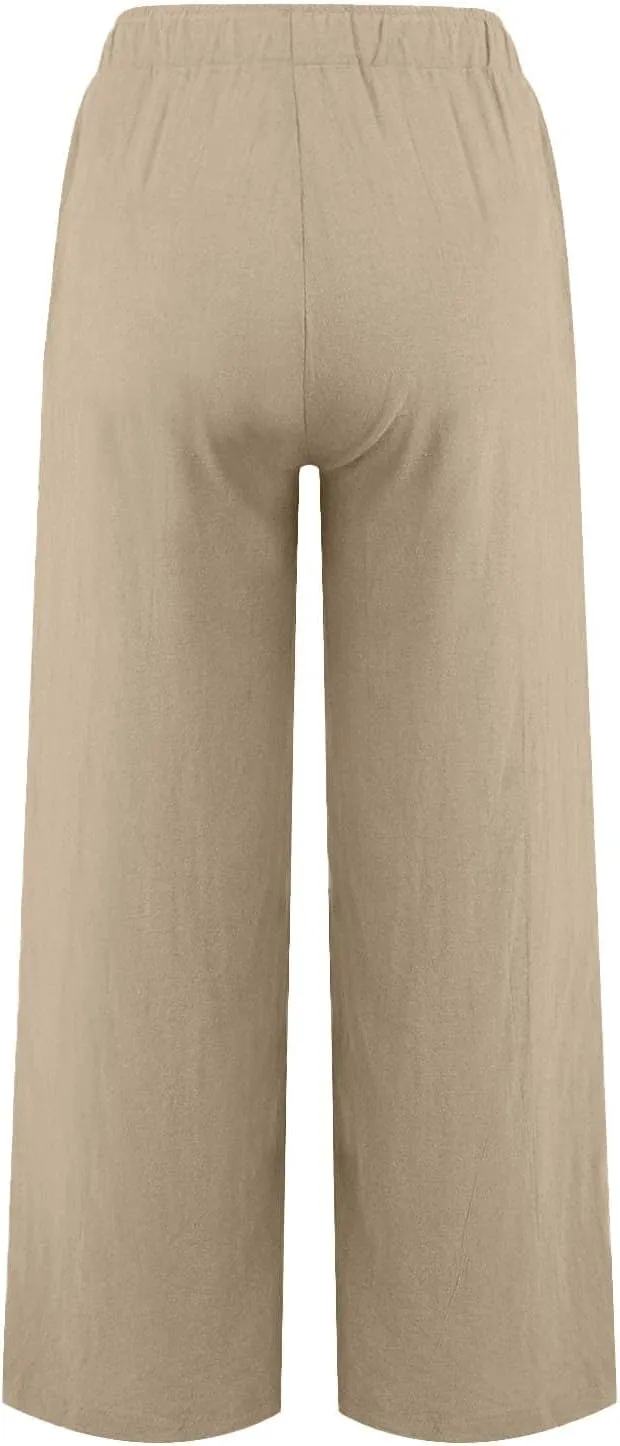 Linen Pants Women Summer High Waisted Pants Wide Leg Lounge Pants Beach Trouser Pants with Pockets