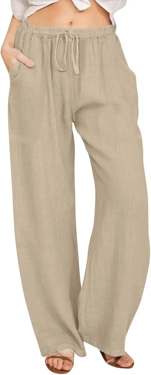 Linen Pants Women Summer High Waisted Pants Wide Leg Lounge Pants Beach Trouser Pants with Pockets